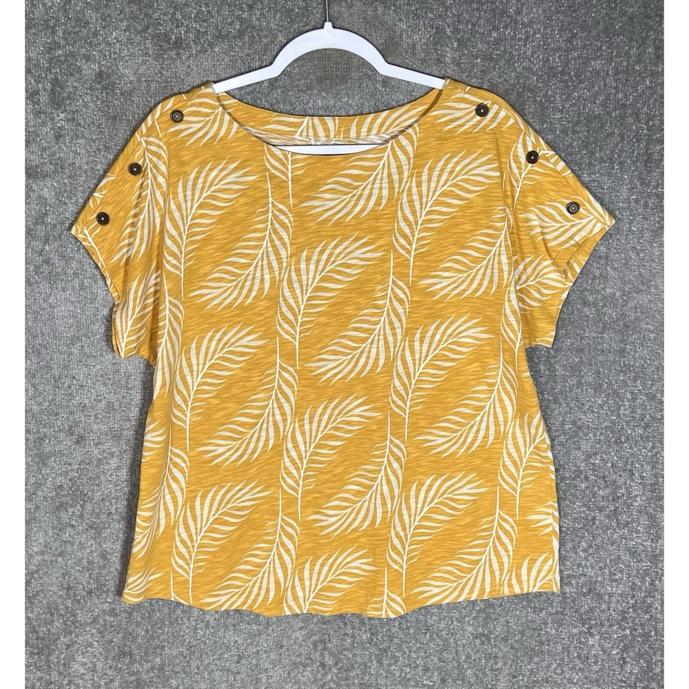 Croft & Barrow Slub Knit Boat Neck Top Womens Sz Large Yellow White Feather Leaf